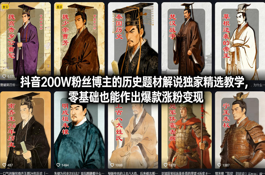 抖音200W粉丝博主的历史题材解说独家精选教学，零基础也能作出爆款涨粉变现-818877学习网