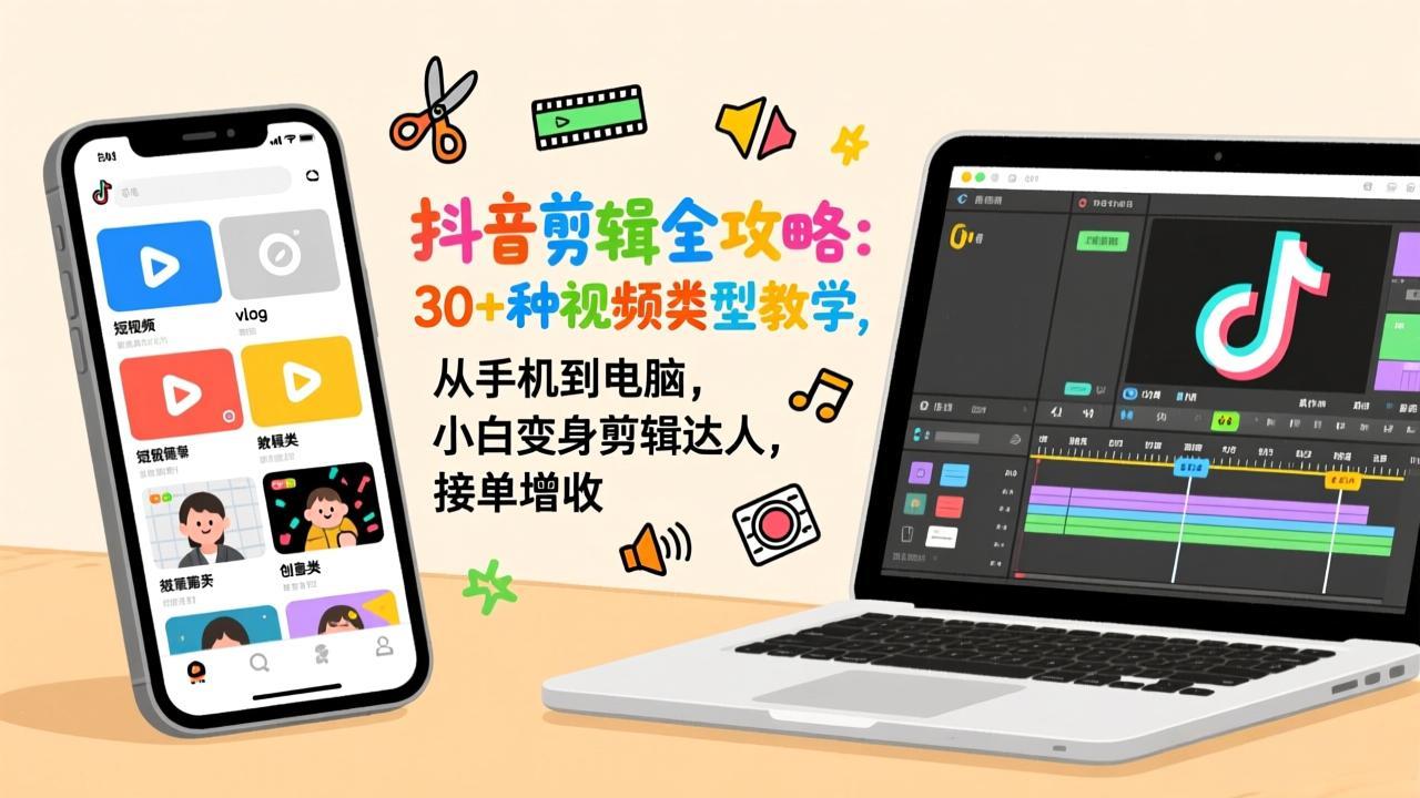 抖音剪辑全攻略：30+种视频类型教学，从手机到电脑，小白变身剪辑达人，接单增收-818877学习网