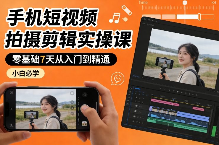 手机短视频拍摄剪辑实操课,零基础7天从入门到精通,小白必学-818877学习网