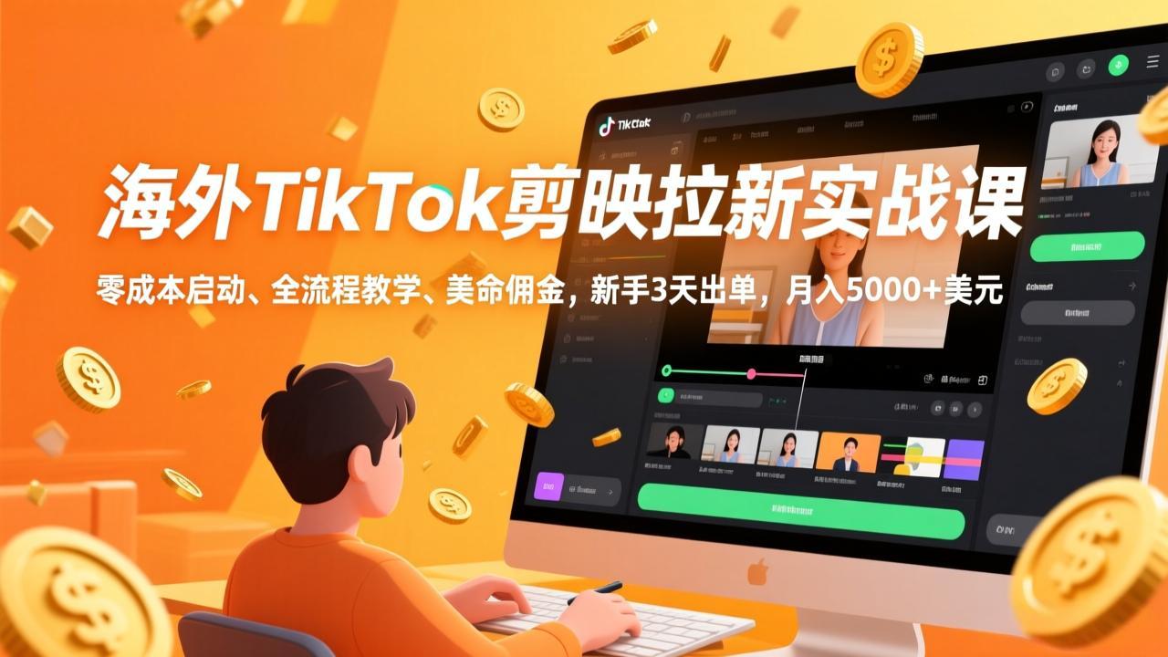 海外TikTok剪映拉新实战课，零成本启动、全流程教学、美金佣金，新手3天出单，月入5000+美元-818877学习网