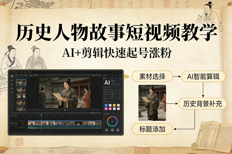 历史人物故事短视频教学，AI+剪辑制作历史人物题材短视频，快速起号涨粉-818877学习网
